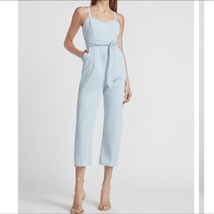 Express Blue Linen-Blend Cross-back Culotte Jumpsuit